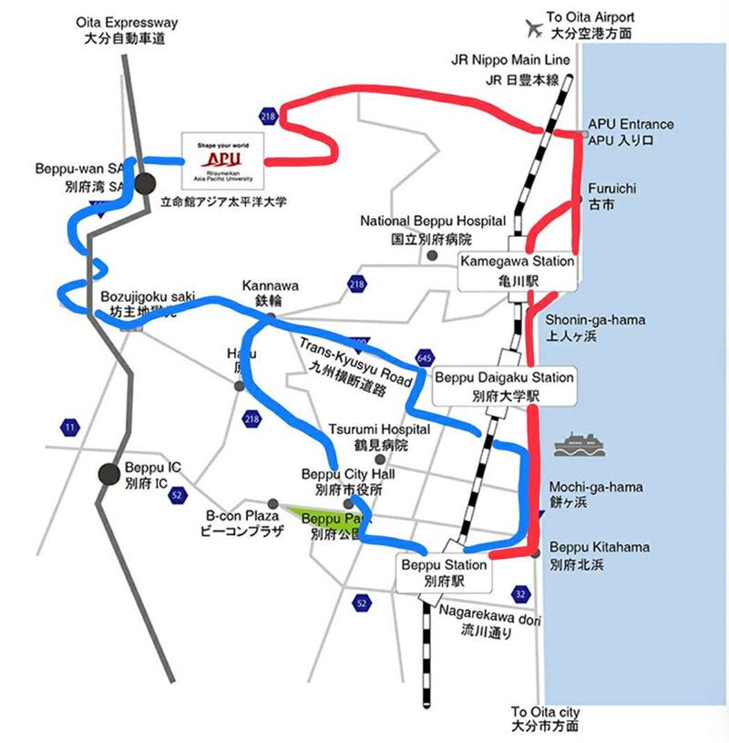 Routes of Oita Kotsu (red) and Kamenoi (blue) buses